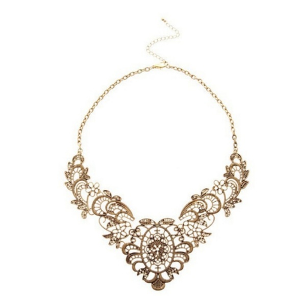 Vintage Collar Choker Necklace Bronze Tone Lace Carved Flower New - Picture 4 of 5